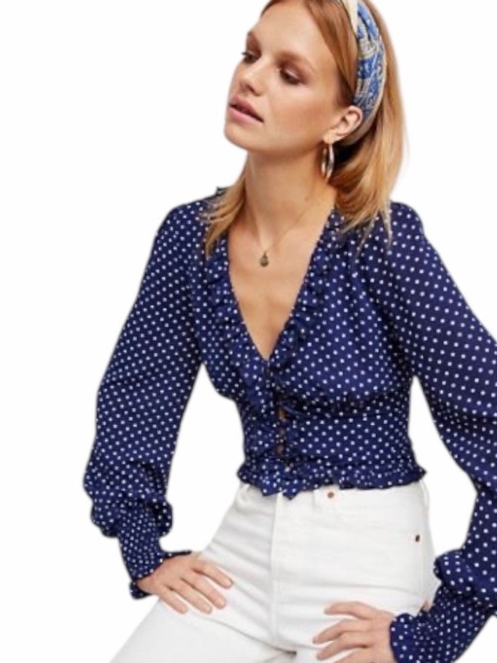 Free People Smell The Roses Polka Dot Blouse Navy Blue Smocked Crop Top Medium